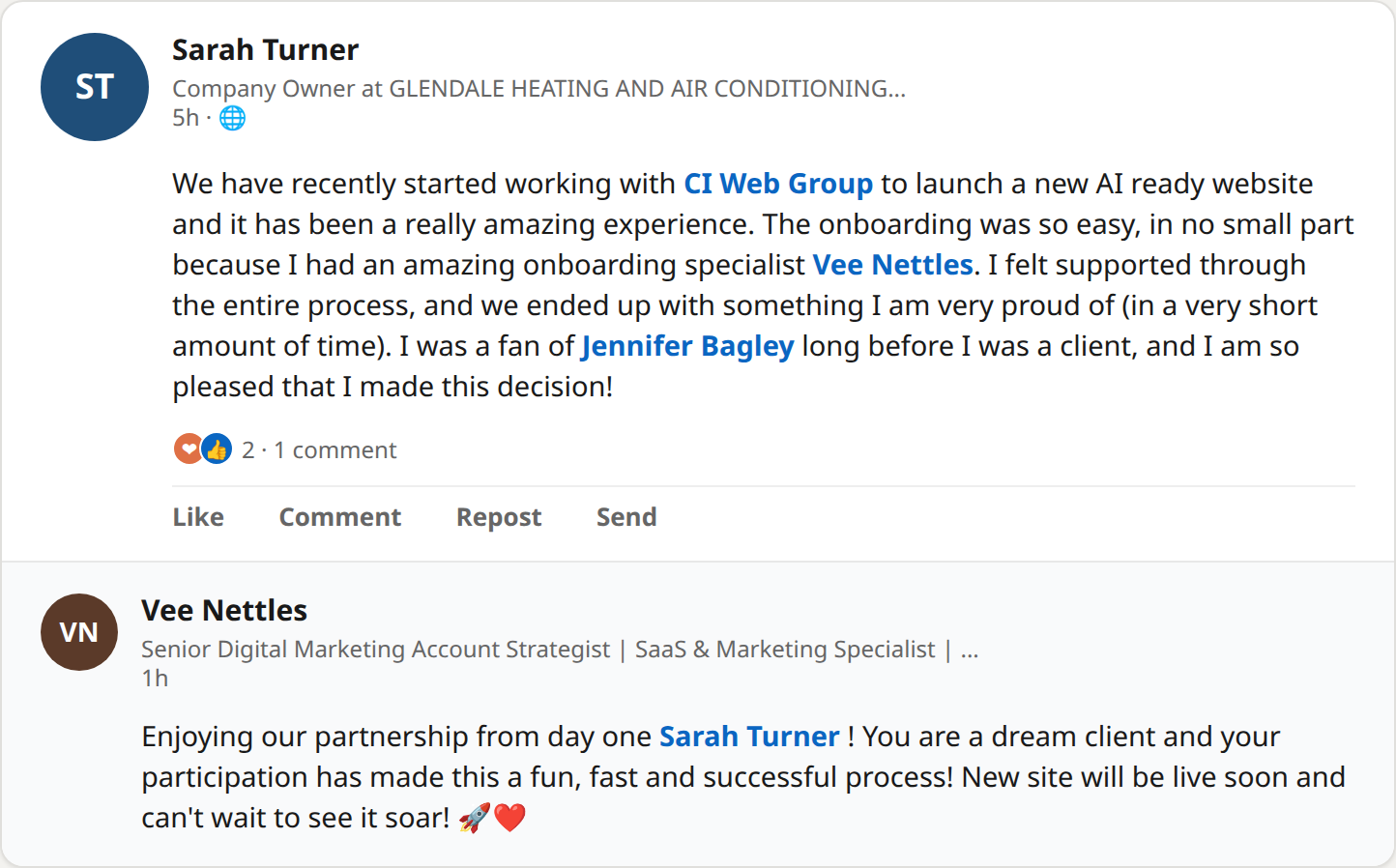 Sarah Turner's LinkedIn post praising CI Web Group, onboarding specialist Vee Nettles, and Jennifer Bagley for Glendale Heating & Air Conditioning's AI-ready website build, with Vee's reply that the new site will be live soon