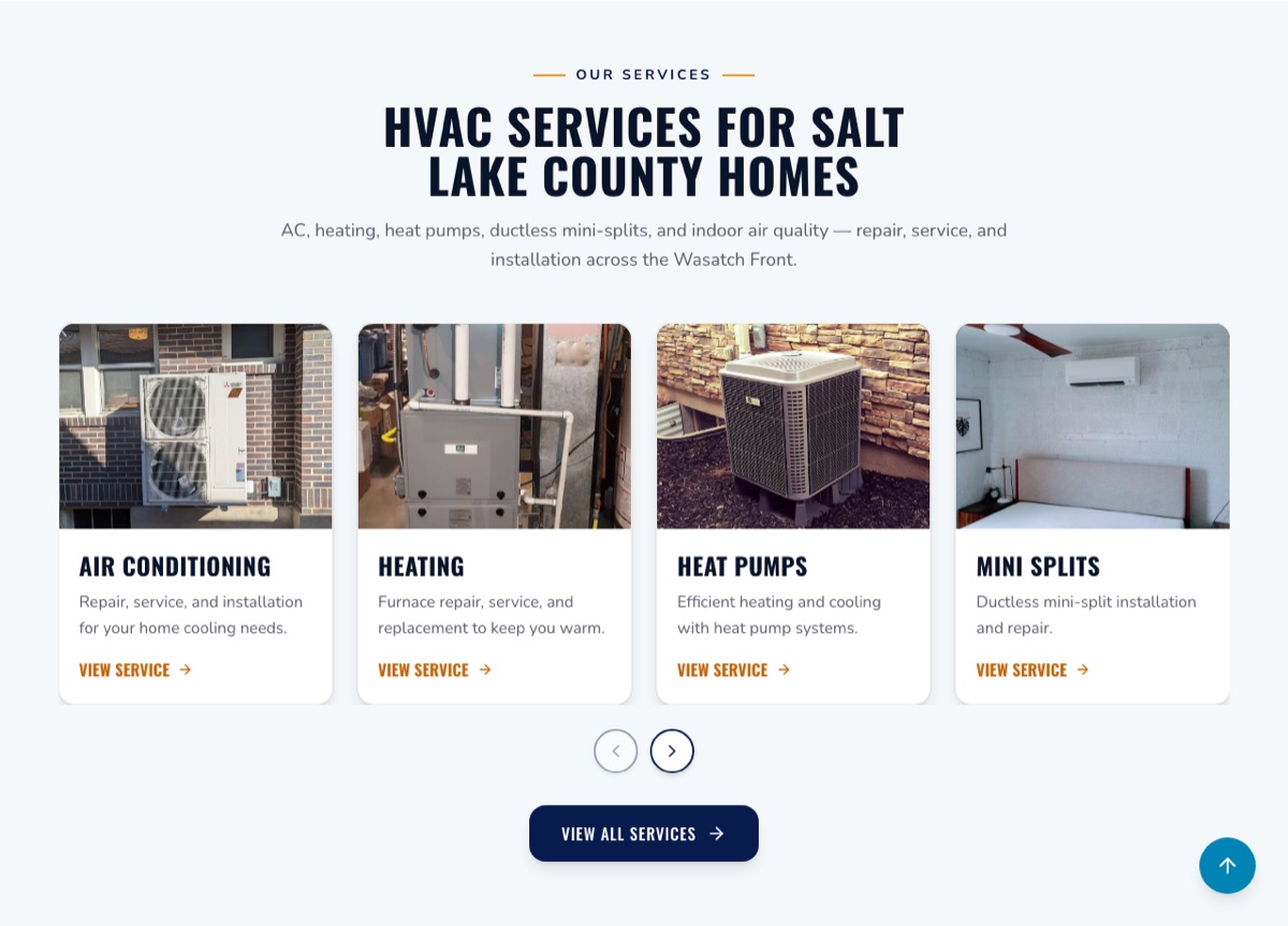 Heavenly Heating and Cooling services carousel with photo cards for air conditioning, heating, heat pumps, and mini splits