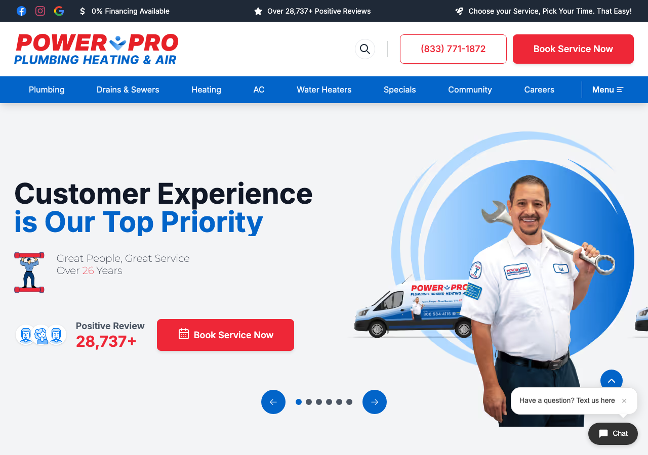 Current Power Pro Plumbing Webflow homepage: Customer Experience is Our Top Priority hero with technician, branded van, and 28,737+ positive reviews counter