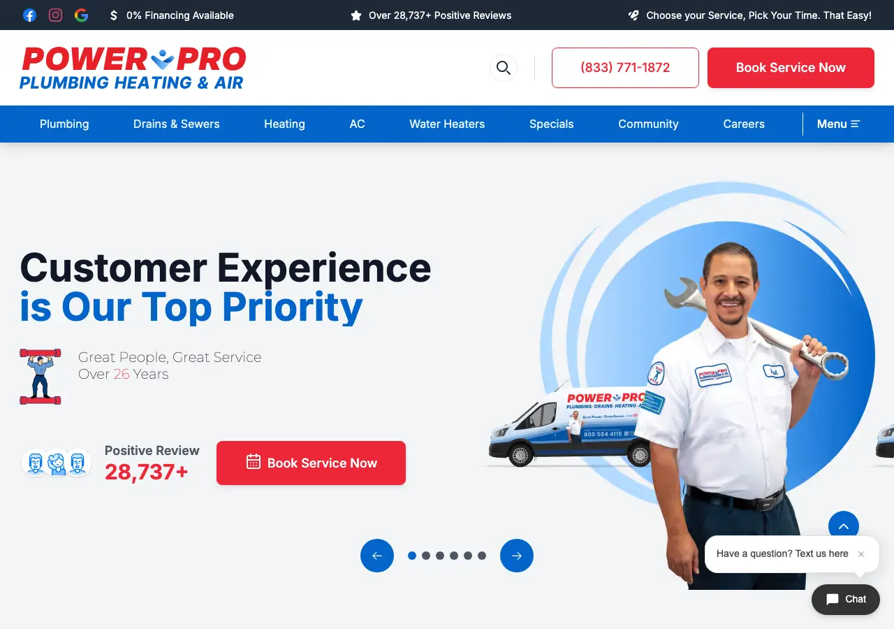 Current Power Pro Plumbing Webflow homepage: Customer Experience is Our Top Priority hero with technician, branded van, and 28,737+ positive reviews counter