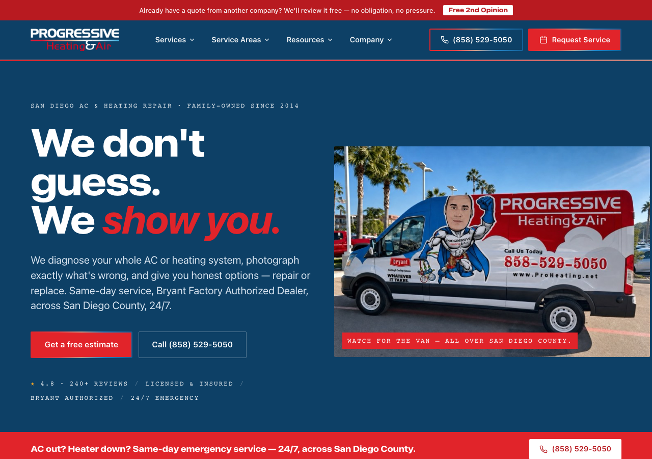 New Progressive Heating & Air Hydra OS homepage: dark-navy hero reading We don't guess. We show you. beside the caricature-wrapped Progressive service van