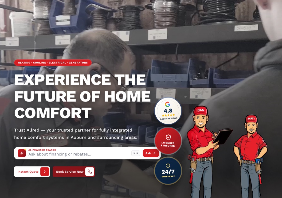 Trust Allred homepage hero with AI-powered search asking about financing or rebates, Instant Quote and Book Service Now buttons, and Dan and Matt mascots