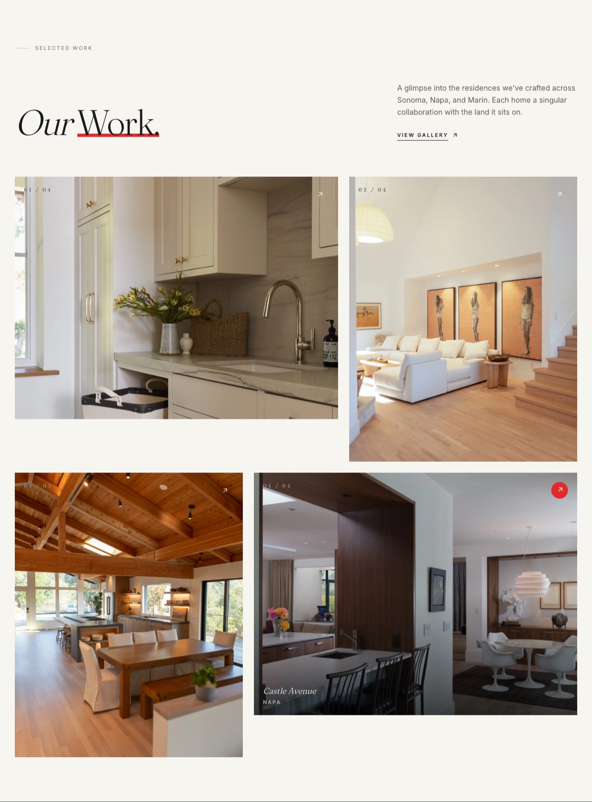 Vierra Fine Homes scroll-driven Our Work gallery showing four interior project photos including the Castle Avenue residence in Napa
