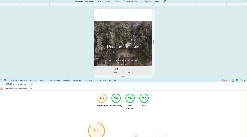 Lighthouse mobile scores for vierrafinehomes.com: performance 85, accessibility 96, best practices 96, SEO 92