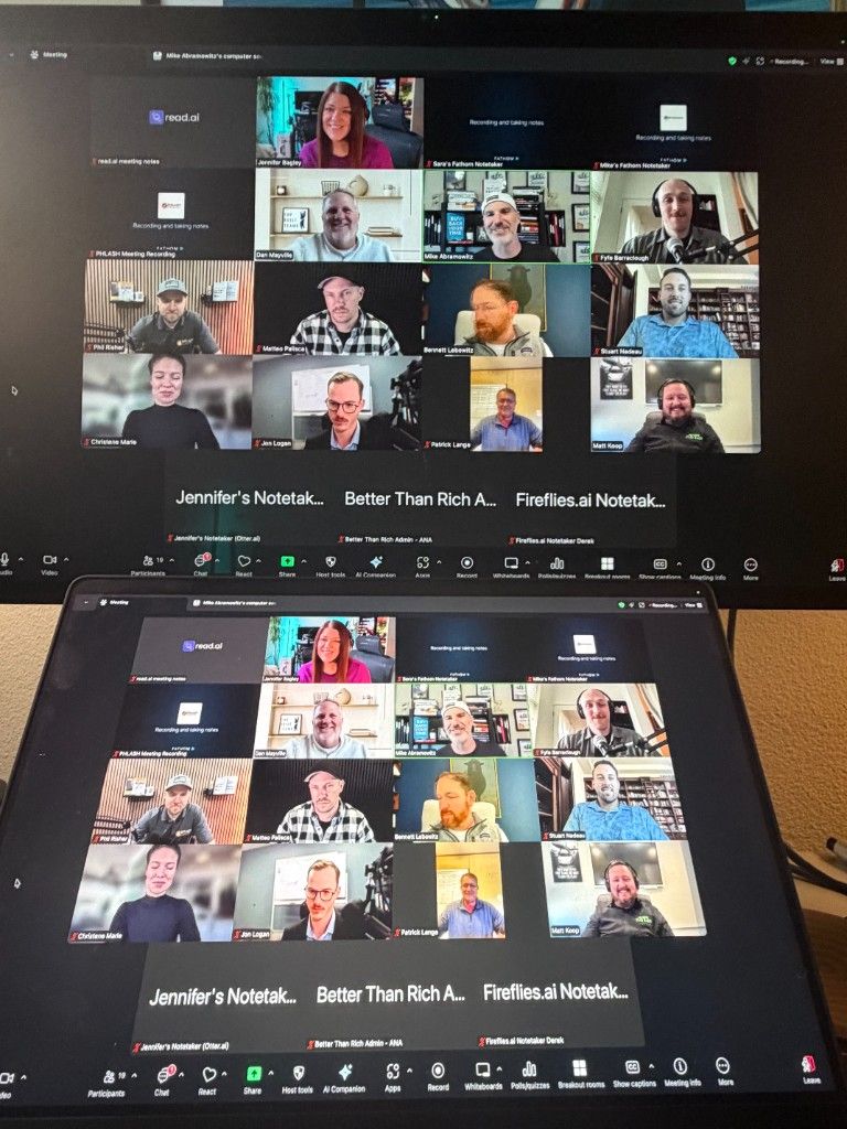 A CI Web Group remote team meeting shown as a grid of video calls across two screens