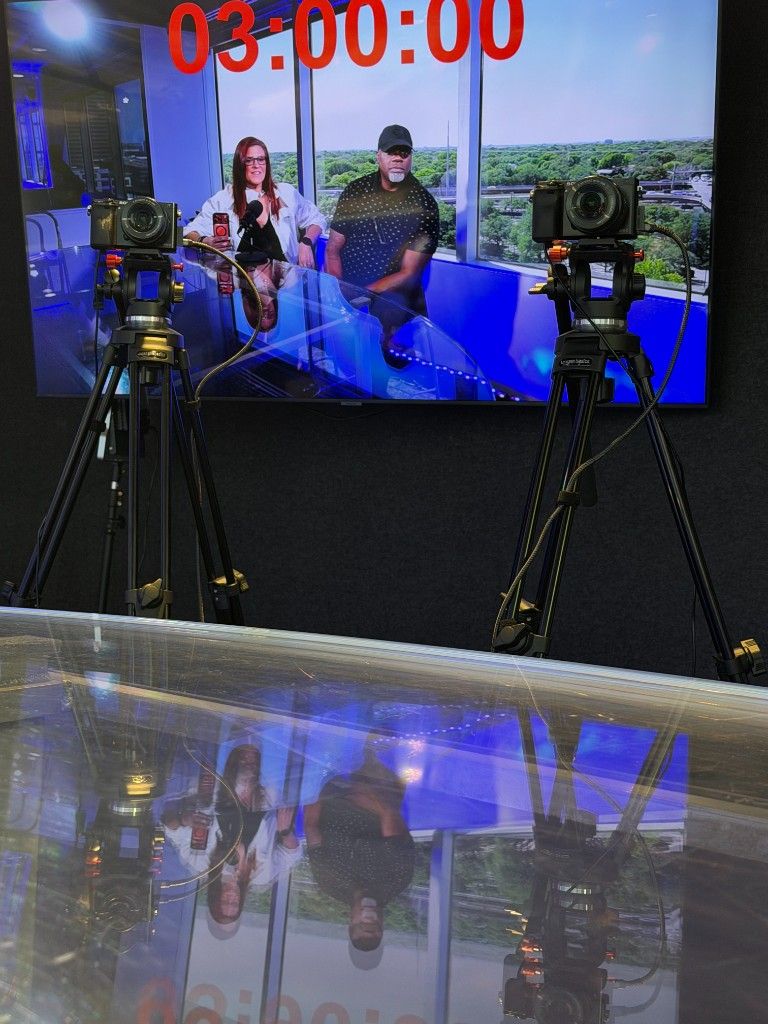 A live studio set with a broadcast countdown timer on screen