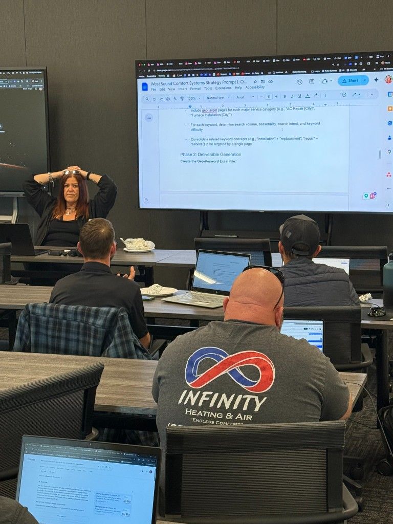 CI Web Group team members deep in work at a training room with a large screen