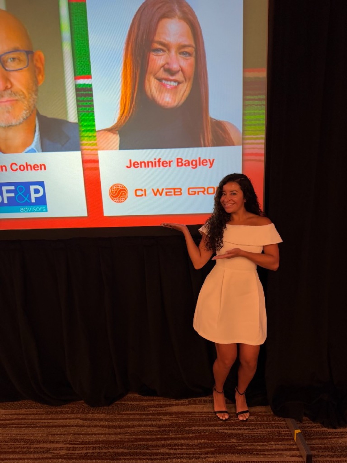 CI Web Group's Jazmin Ramirez beside a speaker slide featuring CEO Jennifer Bagley and Ken Cohen of SF&P Advisors