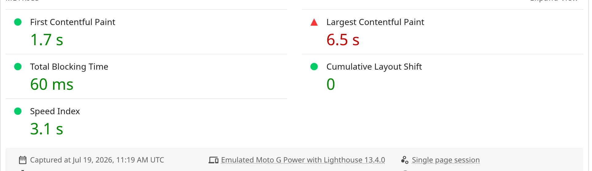 A real launch-day lab metrics panel: FCP 1.7s green, Total Blocking Time 60ms green, Speed Index 3.1s green, CLS 0 green — and LCP 6.5s flagged red, on an emulated Moto G over slow 4G