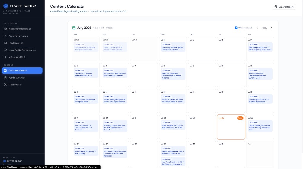 Hydra OS Content Calendar month view with scheduled articles for Central Washington Heating and Air