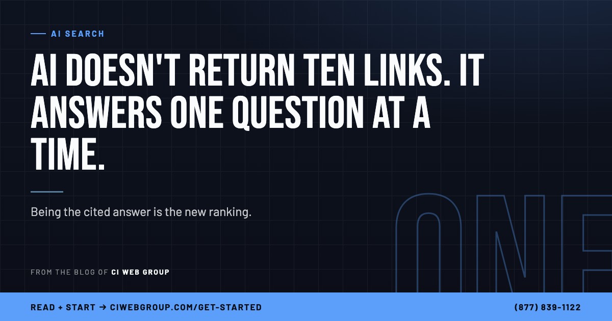 AI Doesn't Return Ten Links. It Answers One Question at a Time. — CI Web Group blog card
